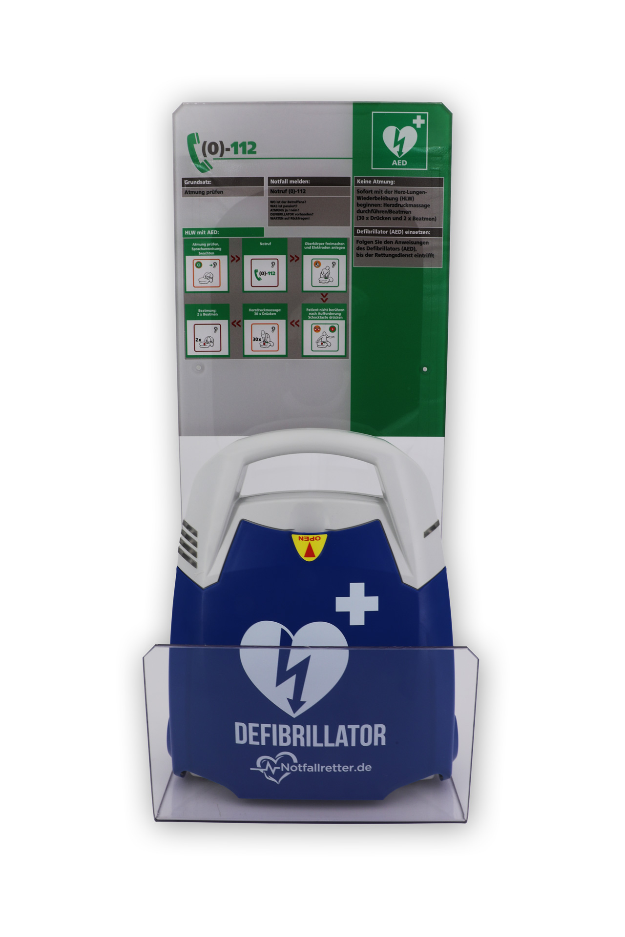 Notfallretter.de® AED Defibrillator Set inkl. ERSTE-HILFE-Acrylglaswinkel – 10 Jahre Garantie & AED-Standortwinkel