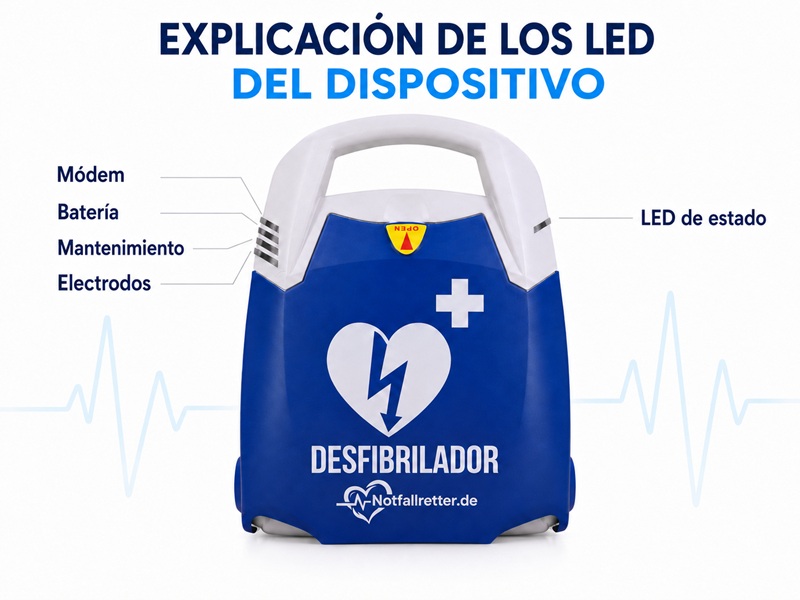 Desfibrilador DEA Notfallretter.de con indicadores LED para batería, electrodos, mantenimiento, módem y estado del equipo.
