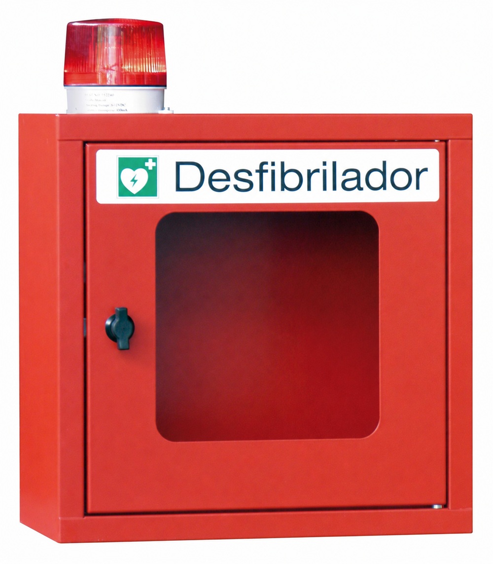 Armario mural de acero rojo para desfibrilador AED con alarma luminosa, ventana transparente y asa de aluminio.