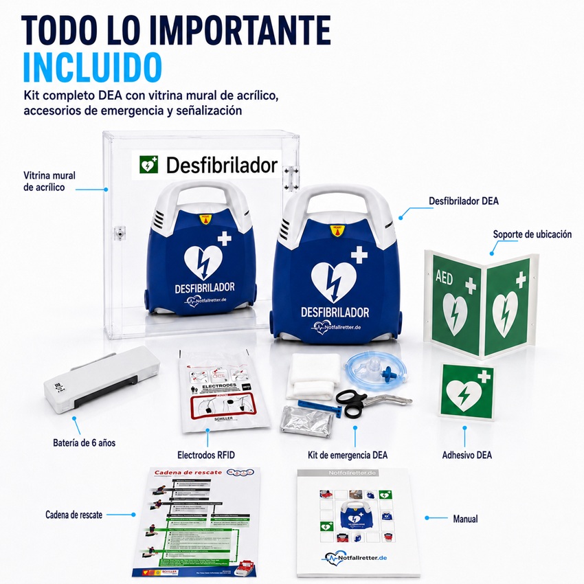 Contenido del set de desfibrilador DEA con equipo Notfallretter.de, vitrina acrílica, electrodos, batería y accesorios de emergencia